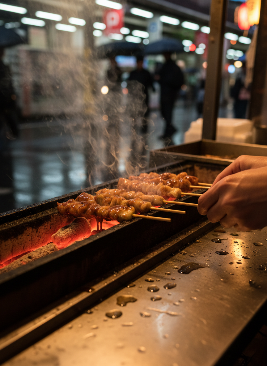 A rain-kissed evening scene in Ueno, centered on a close-up of skewers grilling over binchotan charcoal at a modest yaki-tori stand. The skewers, glistening with tare glaze, sizzle above glowing embers, with fine smoke curling into the cool air. Droplets on a nearby metal counter catch reflections from distant lanterns. In the softly blurred background, the edge of Ueno’s market arcades and train tracks hint at the larger neighborhood. Streetlights and shop glow mix to create a moody, cinematic look with high contrast and shimmering highlights on wet pavement. Shot from a low, intimate angle with shallow depth of field, the mood is atmospheric and slightly nostalgic, capturing the essence of discovering serious food in an unpretentious corner of Tokyo.
