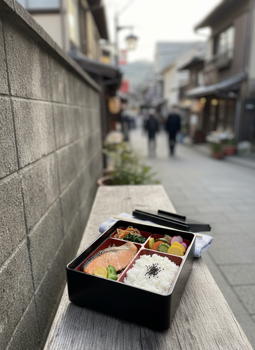 A serene daytime view of Nippori’s Yanaka Ginza slope, captured in crisp photographic realism. The foreground focuses on a wooden bench beside a stone wall, where a minimalist bento is arranged: lacquered box open to reveal neatly divided seasonal vegetables, grilled fish, and glossy rice, each component carefully composed. The textures are detailed, from the slight sheen of the fish skin to the grain of the wood. Behind, the gentle downward slope of the shopping street stretches away, lined with small shops and tiled roofs, softly out of focus. Mild, diffused sunlight from a hazy sky creates soft shadows and a contemplative, neighborhood feel. Framed from a slightly elevated three-quarter view, the image suggests a pause during a thoughtful, slow-paced walking tour.