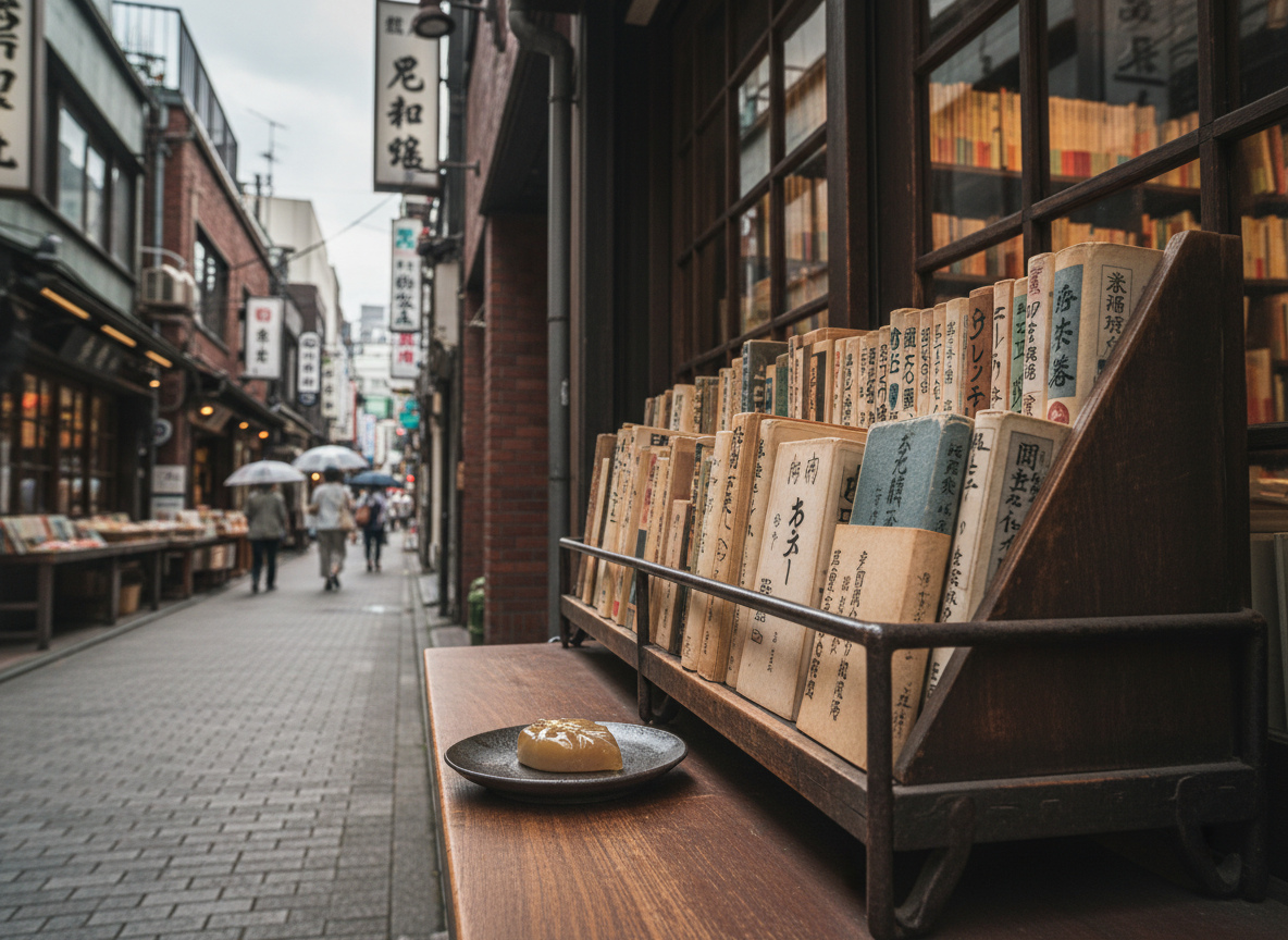 A scholarly, book-lined streetscape in Jinbocho, styled with sophisticated photographic realism. The central subject is a weathered outdoor display shelf overflowing with vintage Japanese cookbooks, their spines faded and textured. Resting on a nearby wooden ledge, a small, beautifully plated wagashi sweet sits on a dark ceramic dish, its glossy surface catching the light. The narrow street behind is lined with tall used-book shops and subtle signage, all softly out of focus. Late-afternoon diffused light from a cloudy sky creates gentle contrasts and minimal glare, emphasizing textures in paper, stone, and wood. Composed from a slightly elevated angle, the image feels contemplative and cultured, evoking the idea of a walking tour that pairs culinary discovery with literary history.